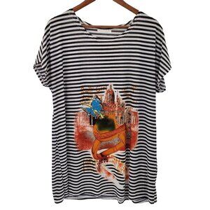 QB Fashion Womens Graphic Black White Striped Short Sleeve T-Shirt XL Butterfly